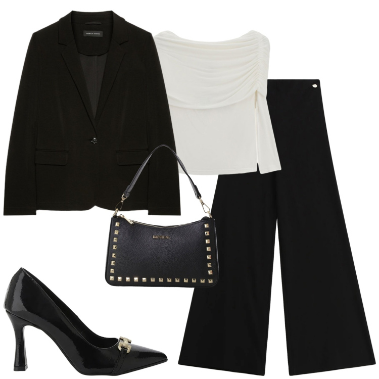 Outfit donna - City. Stile Urban per Tutti i giorni. Abbinamento con maglieria, pantaloni a palazzo, pochette, décolleté, blazer.