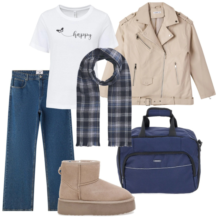 Outfit donna - Gennaio minimal. Stile Casual per Scuola/Università. Abbinamento con t-shirt, jeans dritti, giacche, sciarpe, sabot, zaini.