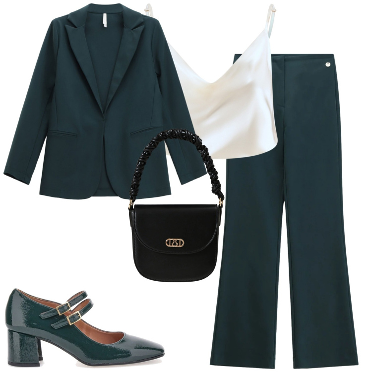 Outfit donna - Genn. Stile Urban per Tutti i giorni. Abbinamento con pantaloni, blazer, canottiere, borse a mano, décolleté.