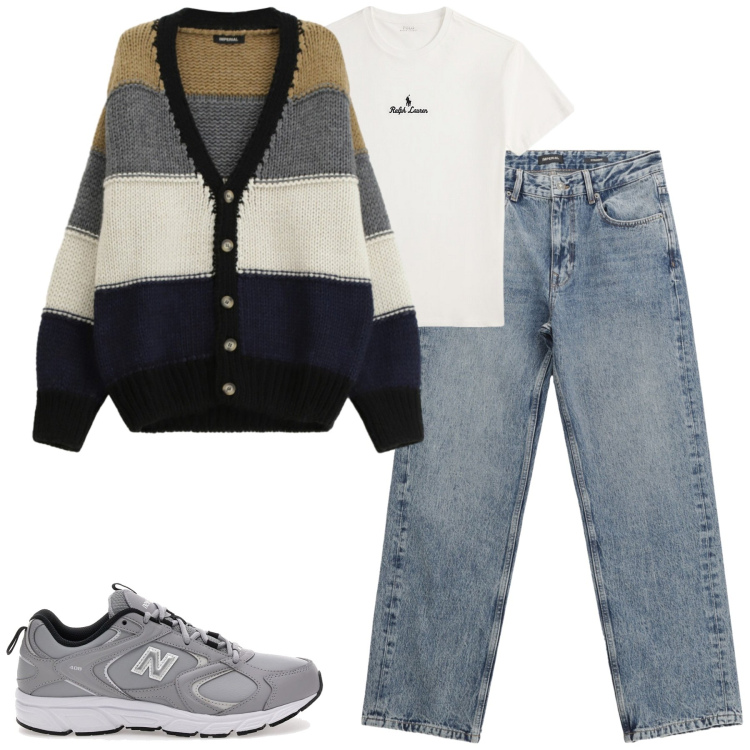 Outfit uomo - Maglia protagonista. Stile Casual per Tutti i giorni. Abbinamento con jeans dritti, cardigans, t-shirt, sneakers.
