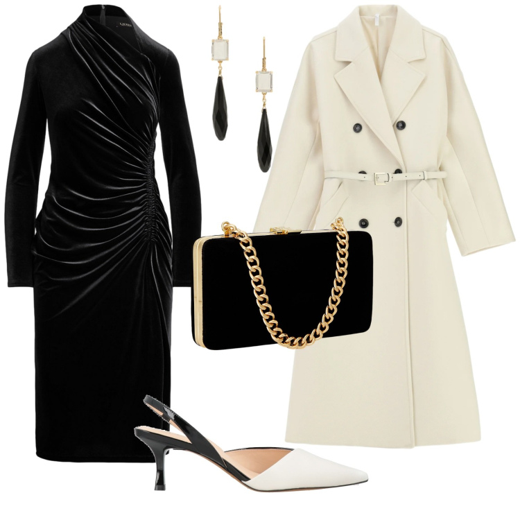 Outfit donna - Serata elegante. per Serata fuori. Abbinamento con décolleté, cappotti, orecchini, vestiti asimmetrici, clutch.