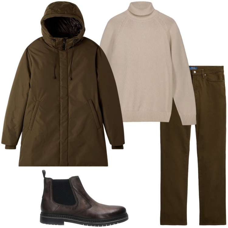 Outfit uomo - Outfit da città fredda. Stile Urban per Ufficio. Abbinamento con parka, pantaloni, pullovers, stivali e stivaletti.