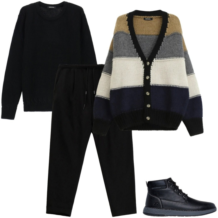 Outfit uomo - Maglia protagonista. Stile Casual per Serata speciale. Abbinamento con maglieria, pantaloni, cardigans, stivali e stivaletti.
