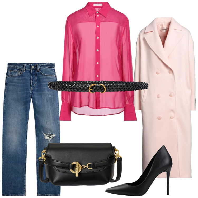 Outfit donna - Gennaio in rosa. Stile Glamour per Serata fuori. Abbinamento con décolleté, camicie, cappotti, jeans dritti, borse a tracolla, cinture.