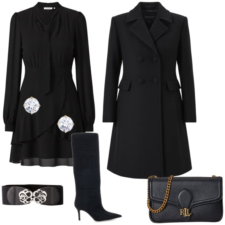 Outfit donna - A cena fuori. Stile Chic per Serata fuori. Abbinamento con cinture, vestiti corti, cappotti, orecchini, clutch, stivali.