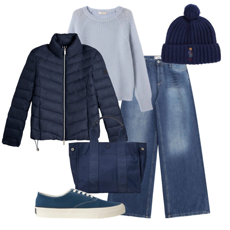 Outfit donna - Inverno blu e azzurro. Stile Urban per Tutti i giorni. Abbinamento con jeans, piumini, sneakers, borse tote, berretti, maglieria.