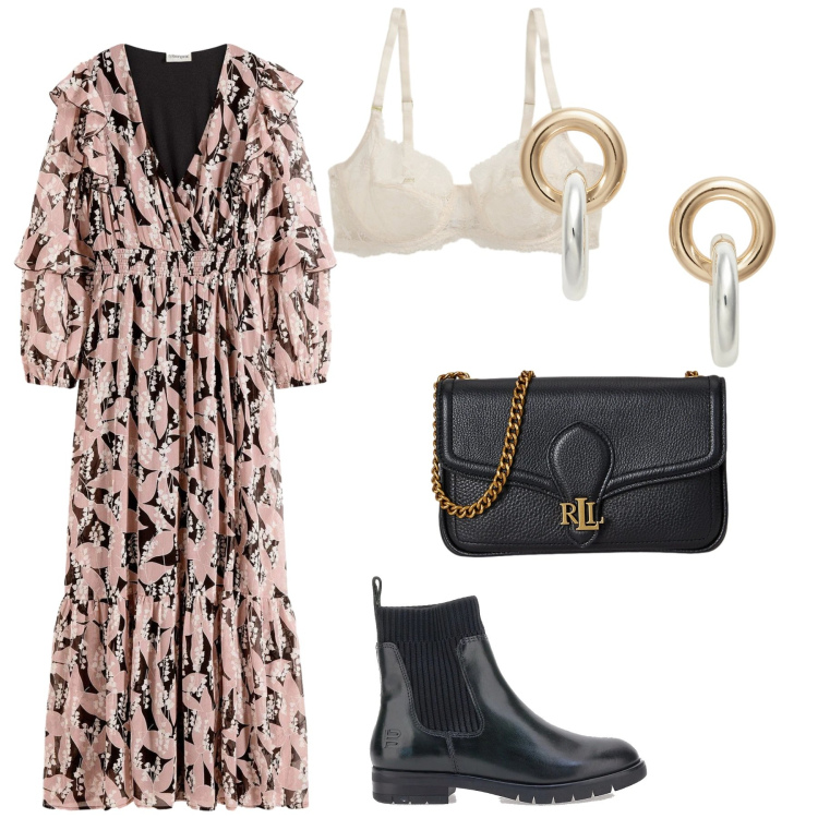 Outfit donna - Total look #2320713. Stile Glamour per Serata fuori. Abbinamento con vestiti, orecchini, reggiseni, clutch, stivaletti.