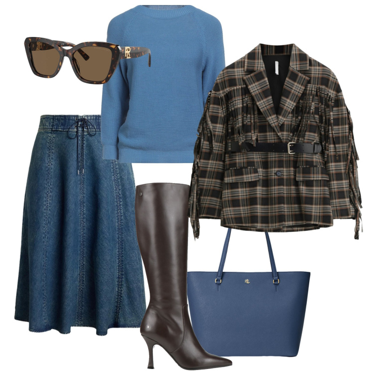 Outfit donna - Passeggiata in città. Stile Trendy per Tutti i giorni. Abbinamento con stivali, pullovers, blazer, occhiali da sole, borse tote, gonne.