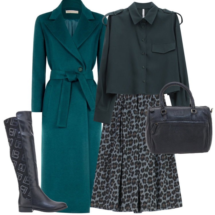 Outfit donna - Femminile e discreta. Stile Trendy per Serata fuori. Abbinamento con gonne longuette, camicie, cappotti, stivali sopra il ginocchio, borse a tracolla.