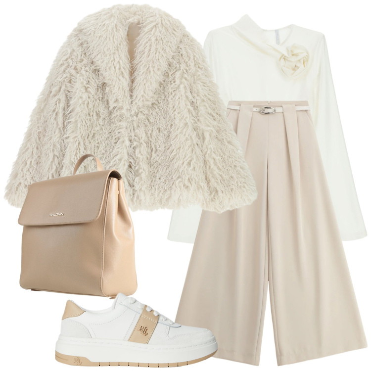 Outfit donna - Un bianco inverno. Stile Glamour per Ufficio. Abbinamento con zaini, t-shirt, ecopellicce, pantaloni a palazzo, sneakers.