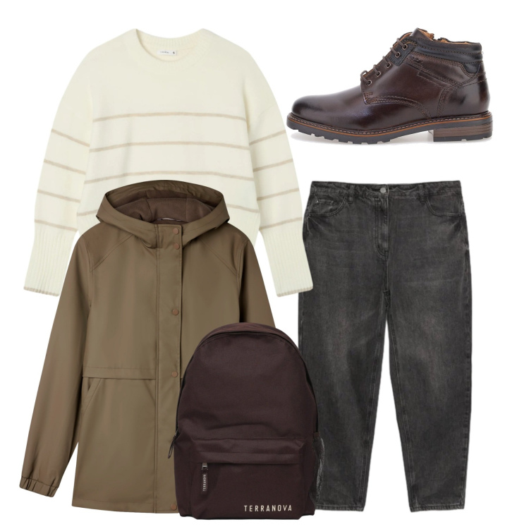 Outfit donna - Total Mannish. Stile Mannish per Tutti i giorni. Abbinamento con blazer, zaini, maglieria, jeans mom, anfibi.