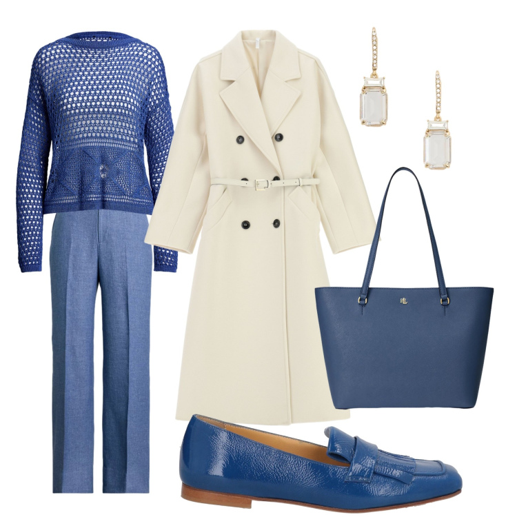 Outfit donna - Toni leggeri. Stile Basic per Ufficio. Abbinamento con mocassini, cappotti, borse tote, orecchini, pantaloni, maglieria.