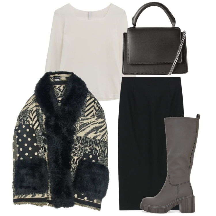 Outfit donna - Total look. Stile Chic per Tutti i giorni. Abbinamento con borse a tracolla, gonne longuette, maglieria, stivali, cappe.