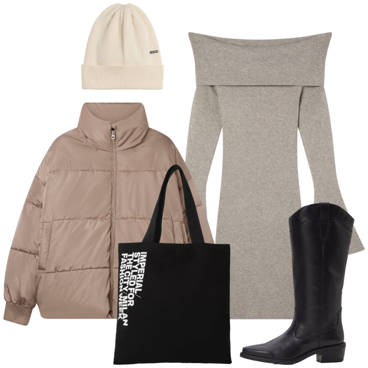 Outfit donna - Total look. Stile Bon Ton per Tutti i giorni. Abbinamento con stivali, bomber, vestiti corti, shopping bag, berretti.