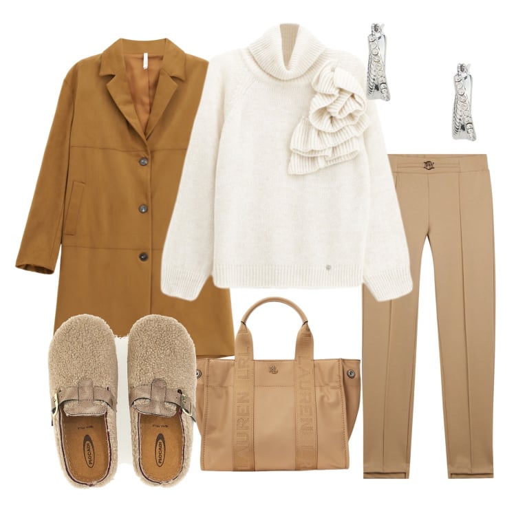 Outfit donna - Creamy Comfort. Stile Casual chic per Tutti i giorni. Abbinamento con cappotti, maglieria, pantaloni, orecchini, borse tote, pantofole.