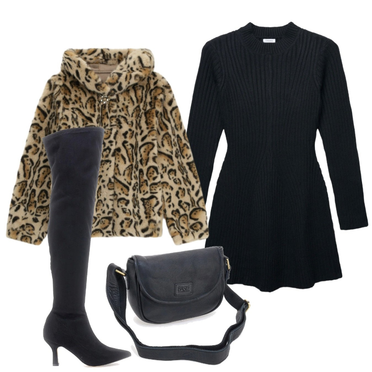 Outfit donna - In città. Stile Chic per Tutti i giorni. Abbinamento con vestiti corti, ecopellicce, borse a tracolla, stivali.