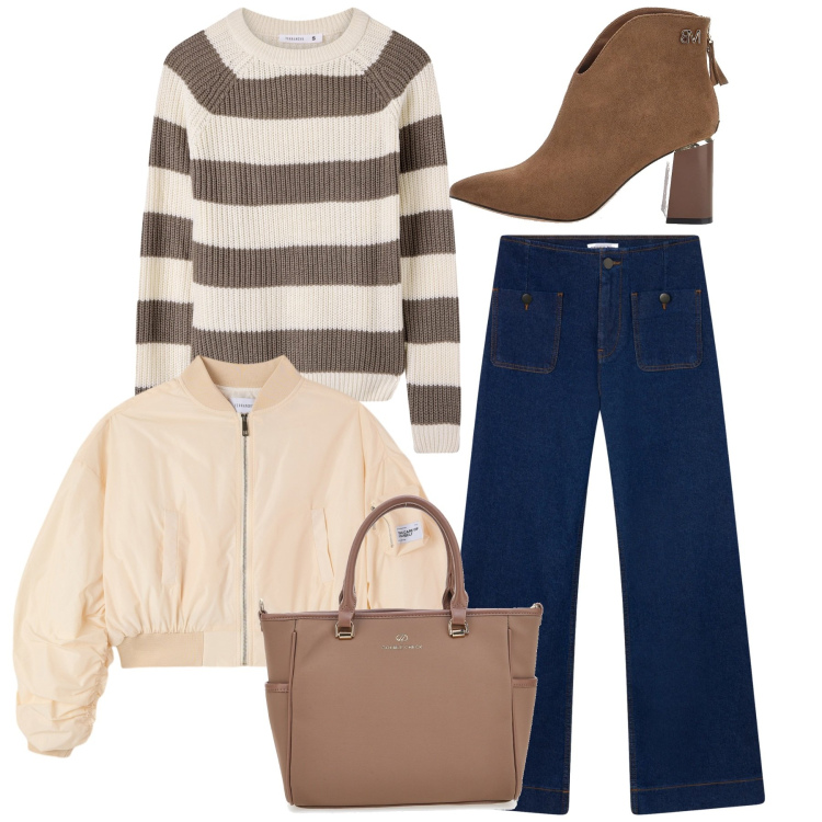 Outfit donna - Il bomber. Stile Casual per Tutti i giorni. Abbinamento con jeans, maglieria, bomber, stivaletti, borse a tracolla.