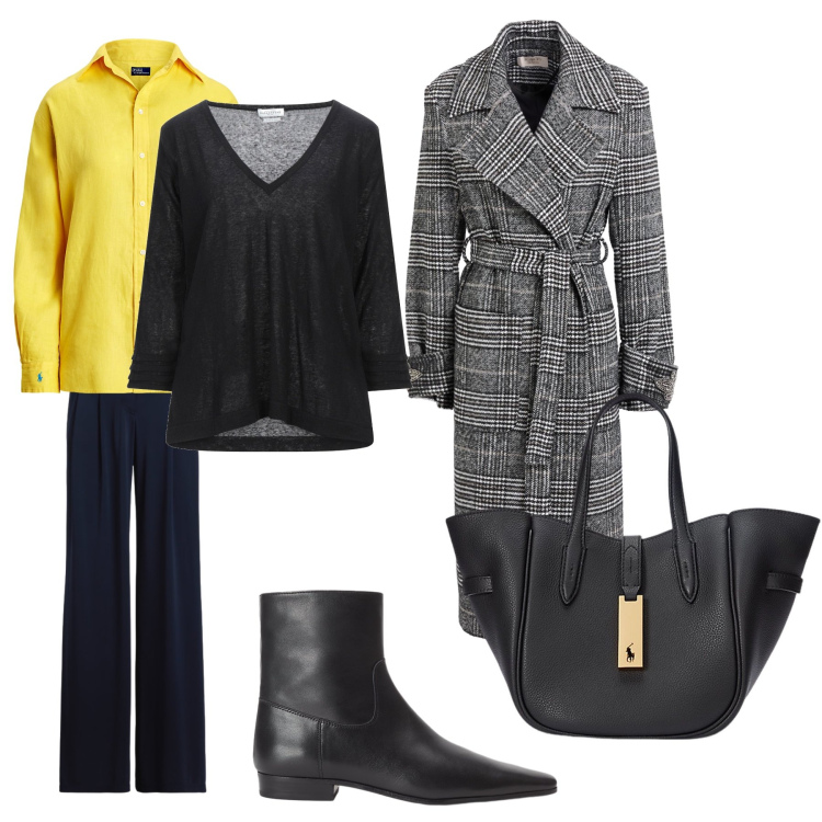 Outfit donna - Giallo sole. Stile Casual per Tutti i giorni. Abbinamento con cappotti, pullovers, pantaloni, borse tote, camicie, stivaletti.