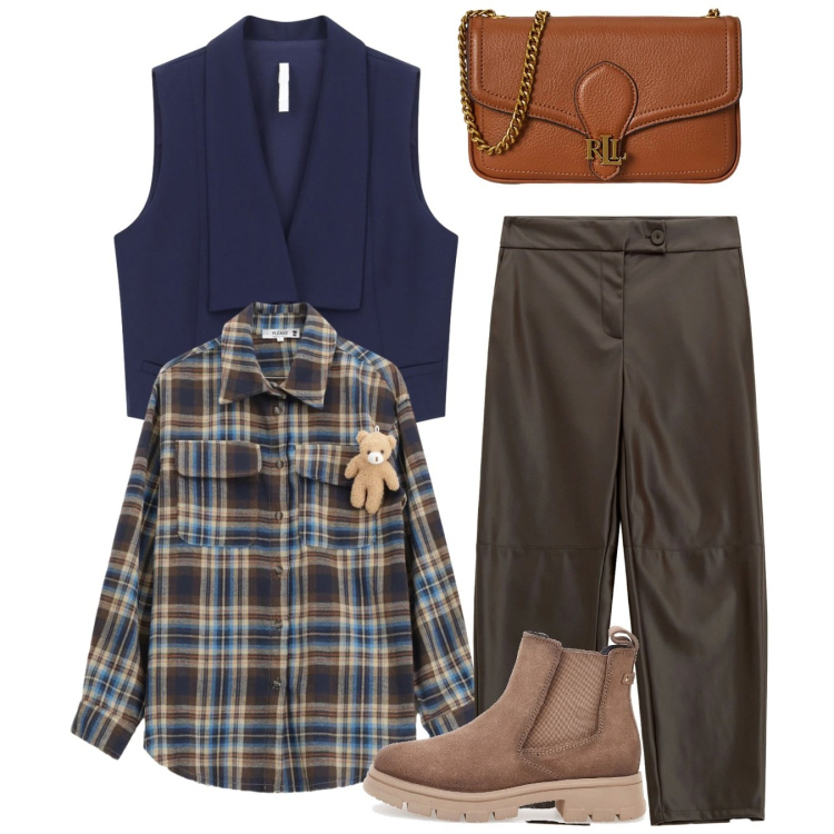 Outfit donna - Total look. Stile Casual per Tutti i giorni. Abbinamento con camicie, pantaloni, gilet, clutch, stivaletti chelsea.