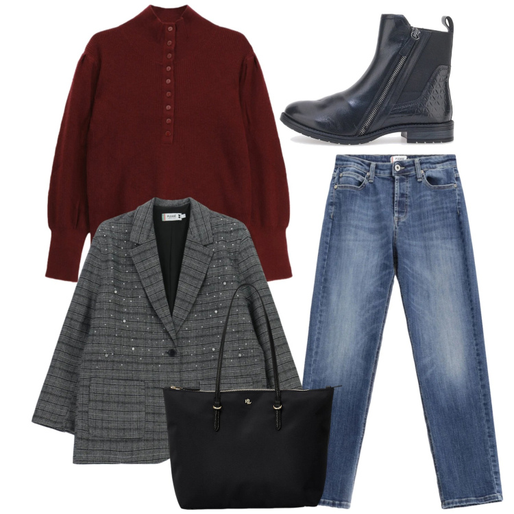 Outfit donna - Total look. Stile Bon Ton per Ufficio. Abbinamento con blazer, jeans, maglieria, borse tote, stivaletti chelsea.