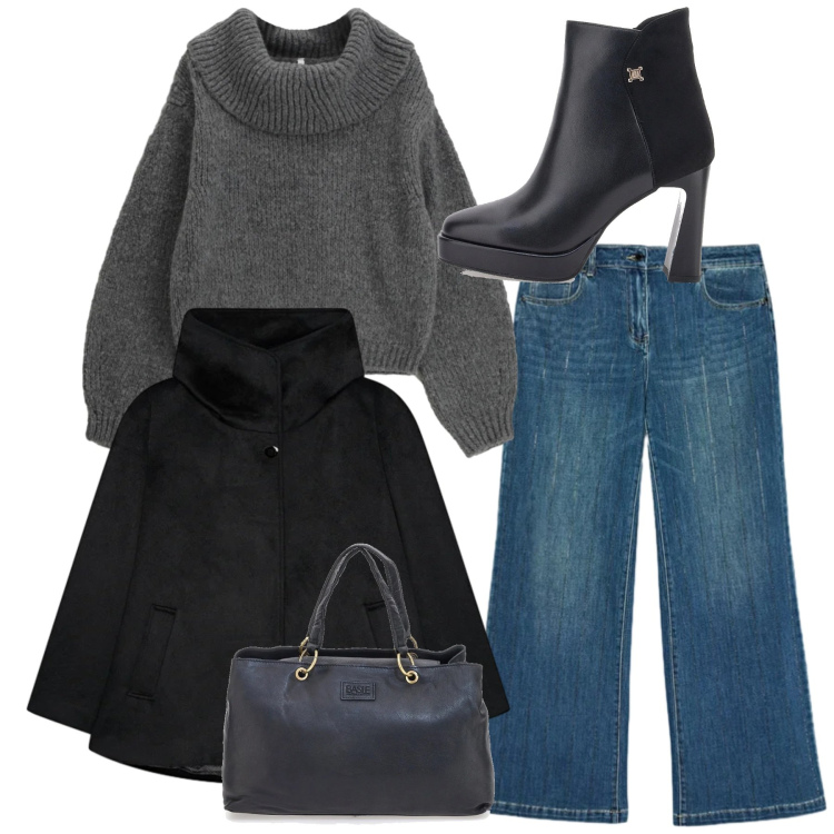 Outfit donna - Total look. Stile Casual chic per Tutti i giorni. Abbinamento con maglieria, caban, borse a mano, jeans dritti, stivaletti.