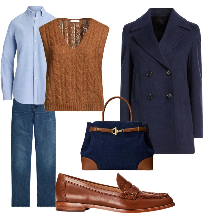 Outfit donna - Pronta per lo stage. Stile Casual per Tutti i giorni. Abbinamento con cappotti, pullovers, mocassini, borse a mano, camicie, jeans dritti.