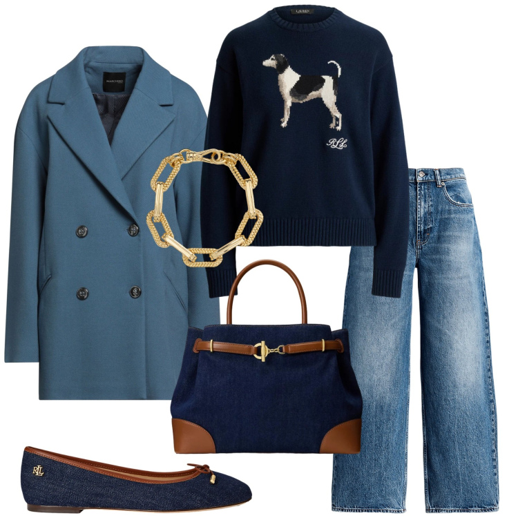 Outfit donna - Total look #2320762. Stile Minimal per Ufficio. Abbinamento con cappotti, jeans, borse a mano, ballerine, braccialetti, maglieria.