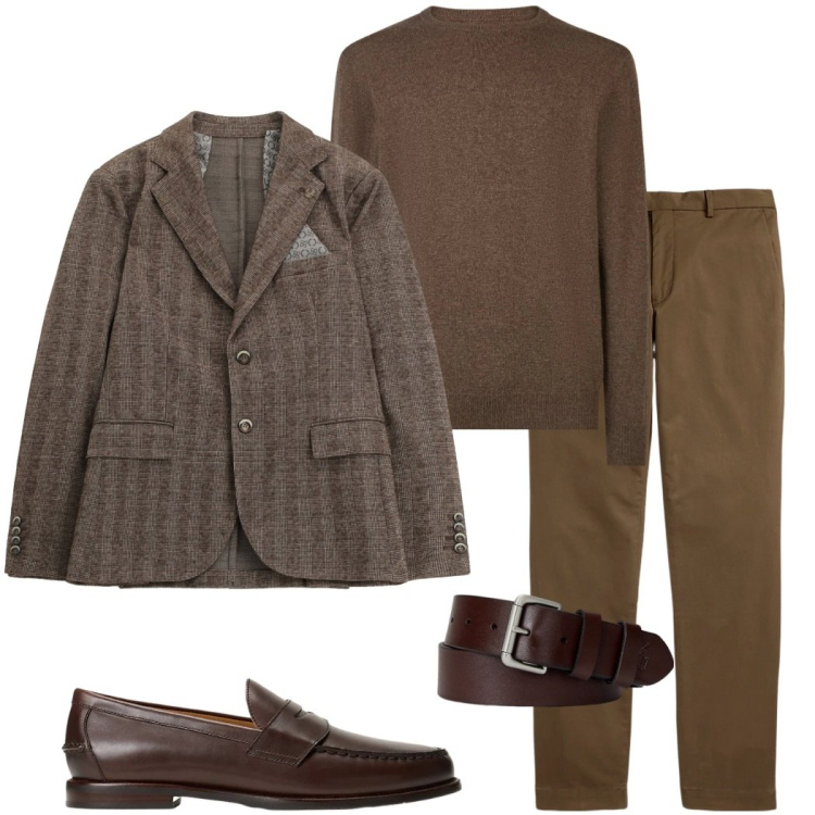 Outfit uomo - Eleganza rilassata. Stile Business/Elegante per Serata speciale. Abbinamento con giacche, cinture, scarpe stringate, pantaloni, maglieria.