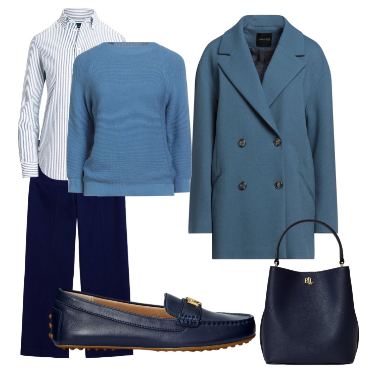 Outfit donna - Blu come il mare. Stile Casual per Tutti i giorni. Abbinamento con cappotti, pullovers, mocassini, camicie, pantaloni chino, borse a secchiello.