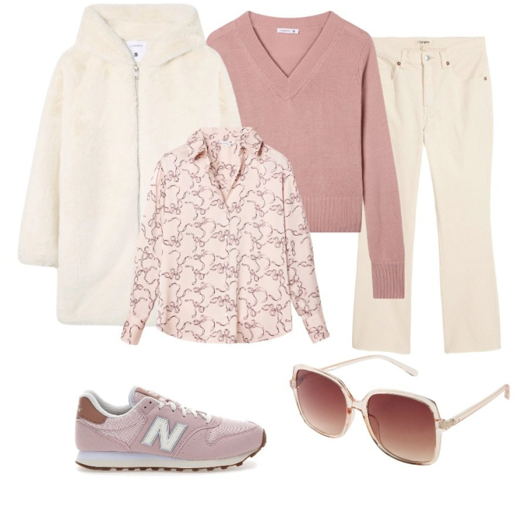 Outfit donna - Total look #2320769. Abbinamento con jeans a zampa, occhiali da sole, maglieria, cappotti, camicie, sneakers.