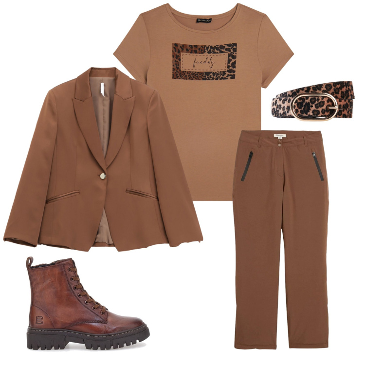 Outfit donna - Leopard Caramel Monochrome. Stile Urban per Tutti i giorni. Abbinamento con cinture, pantaloni, blazer, t-shirt, anfibi.