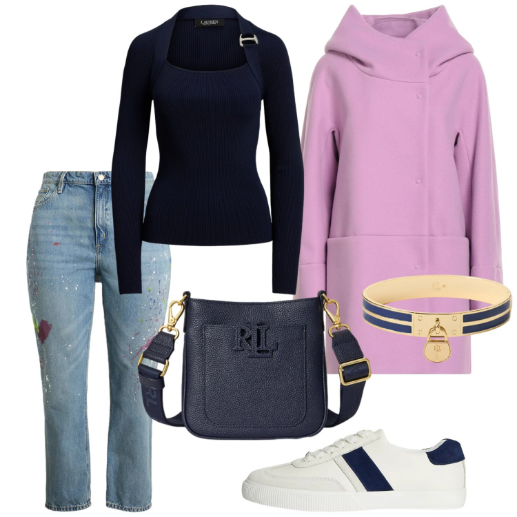 Outfit donna - Total look #2320775. Stile Casual chic per Tutti i giorni. Abbinamento con cappotti, sneakers, borse a tracolla, braccialetti con ciondoli, jeans boyfriend, maglieria.