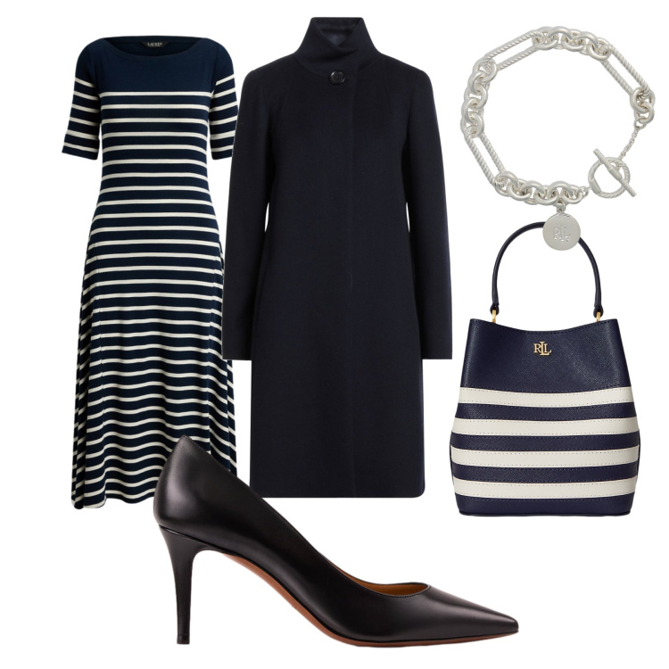 Outfit donna - In riga. Stile Casual chic per Serata fuori. Abbinamento con cappotti, braccialetti, décolleté, borse a secchiello, vestiti.