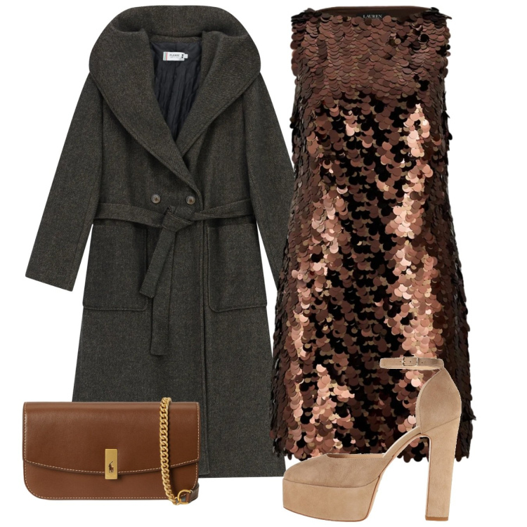 Outfit donna - Serata paillettes. Stile Glamour per Serata fuori. Abbinamento con décolleté, cappotti, clutch, vestiti a tubino.