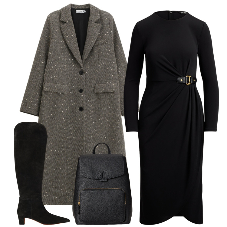 Outfit donna - Riunione chic. Stile Chic per Ufficio. Abbinamento con cappotti, zaini, vestiti, stivali.