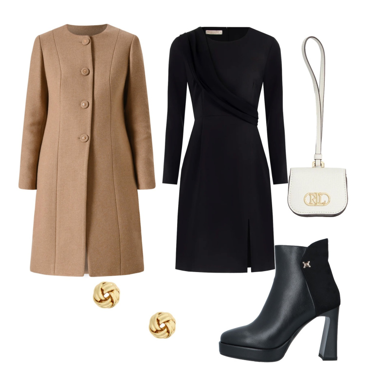 Outfit donna - Modern Noir. Stile Minimal per Serata fuori. Abbinamento con stivaletti, vestiti a tubino, cappotti, pochette, orecchini.