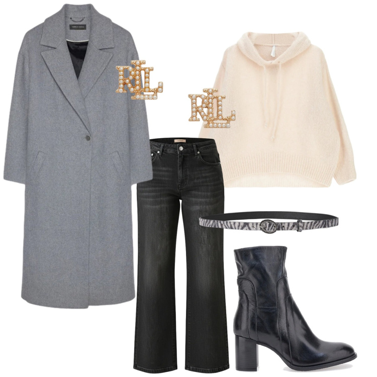 Outfit donna - Total look #2320789. Stile Trendy per Ufficio. Abbinamento con maglieria, cinture, jeans, orecchini, cappotti, stivaletti.