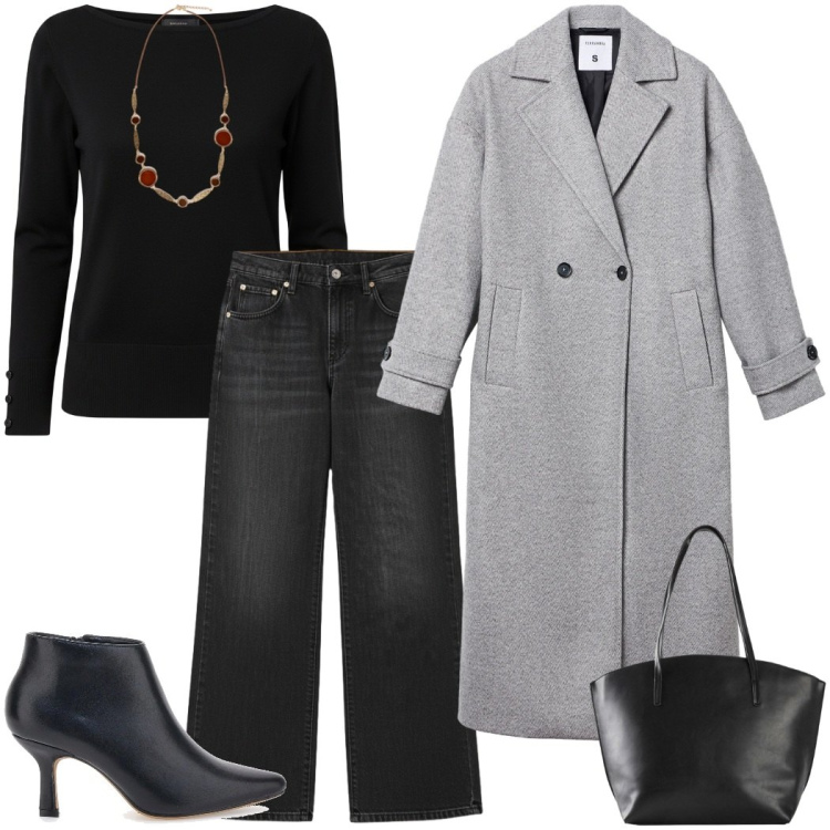 Outfit donna - Nuovo anno. Stile Urban per Ufficio. Abbinamento con shopping bag, cappotti, maglieria, pantaloni, stivaletti, collane.