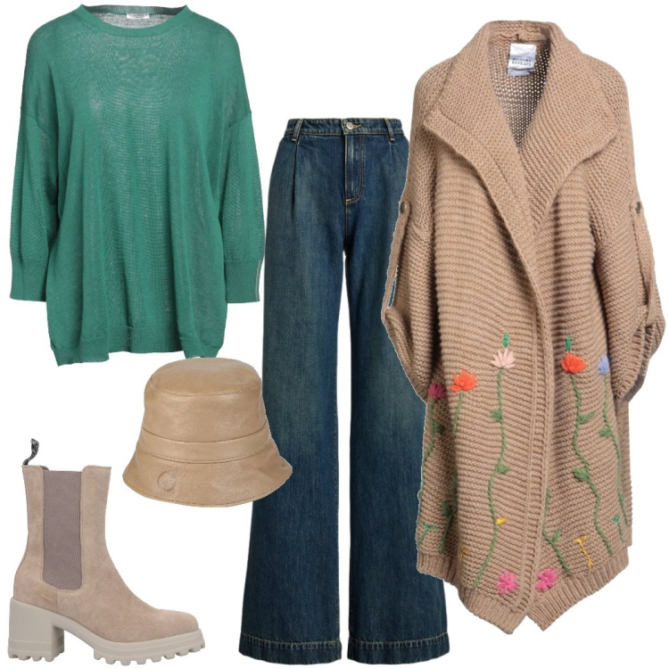 Outfit donna - Anno nuovo. Stile Glamour per Serata fuori. Abbinamento con cardigans, cappelli, pullovers, stivaletti, jeans.