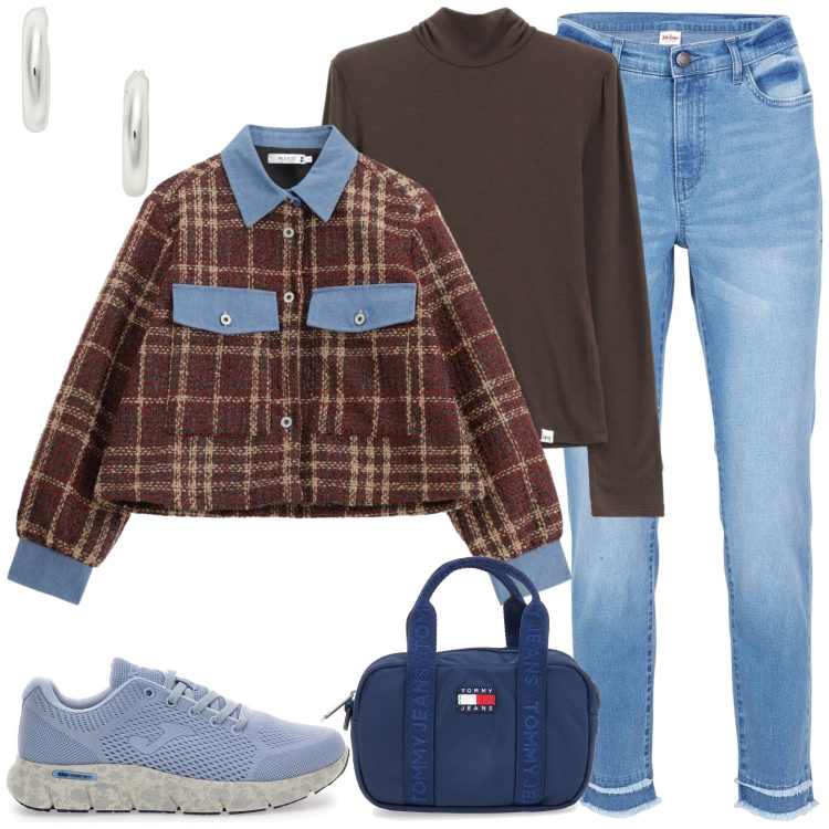 Outfit donna - Casual with denim. Stile Casual per Tutti i giorni. Abbinamento con jeans, blazer, maglieria, orecchini, sneakers, borse a tracolla.