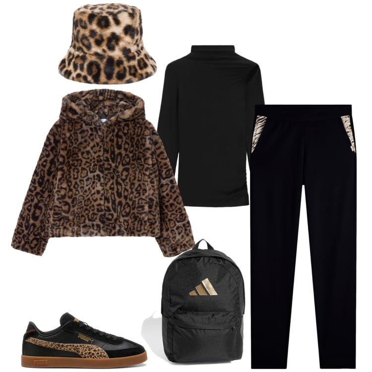 Outfit donna - Total look #2320812. Stile Sporty chic per Tutti i giorni. Abbinamento con ecopellicce, pullovers, pantaloni, sneakers, zaini, cappelli.