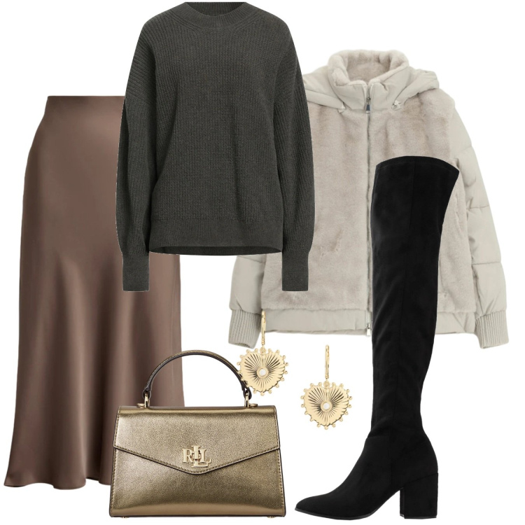Outfit donna - In città con stivali al ginocchio. Stile Chic per Serata fuori. Abbinamento con pullovers, stivali sopra il ginocchio, guanti, orecchini, gonne, borse a mano.