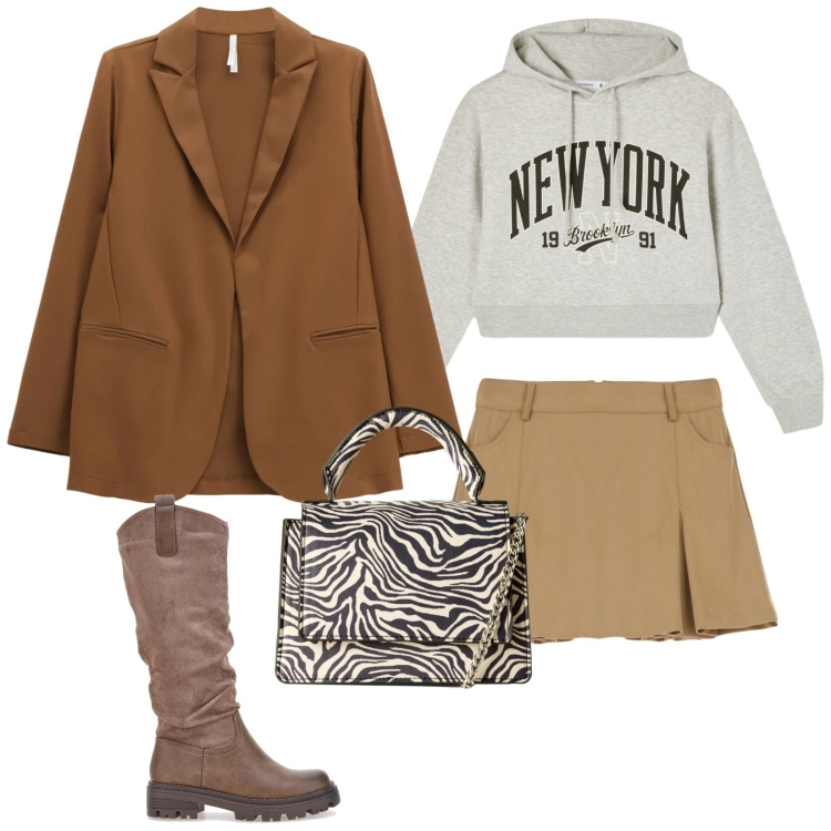 Outfit donna - New york. Stile Casual chic per Tutti i giorni. Abbinamento con felpe con cappuccio, borse a tracolla, minigonne, blazer, stivali.
