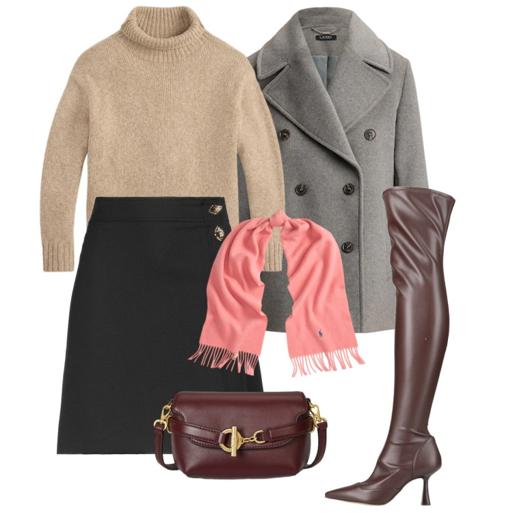 Outfit donna - Passeggiata con stivali al ginocchio. Stile Chic per Tutti i giorni. Abbinamento con minigonne, stivali sopra il ginocchio, borse a tracolla, cappotti, sciarpe, maglieria.