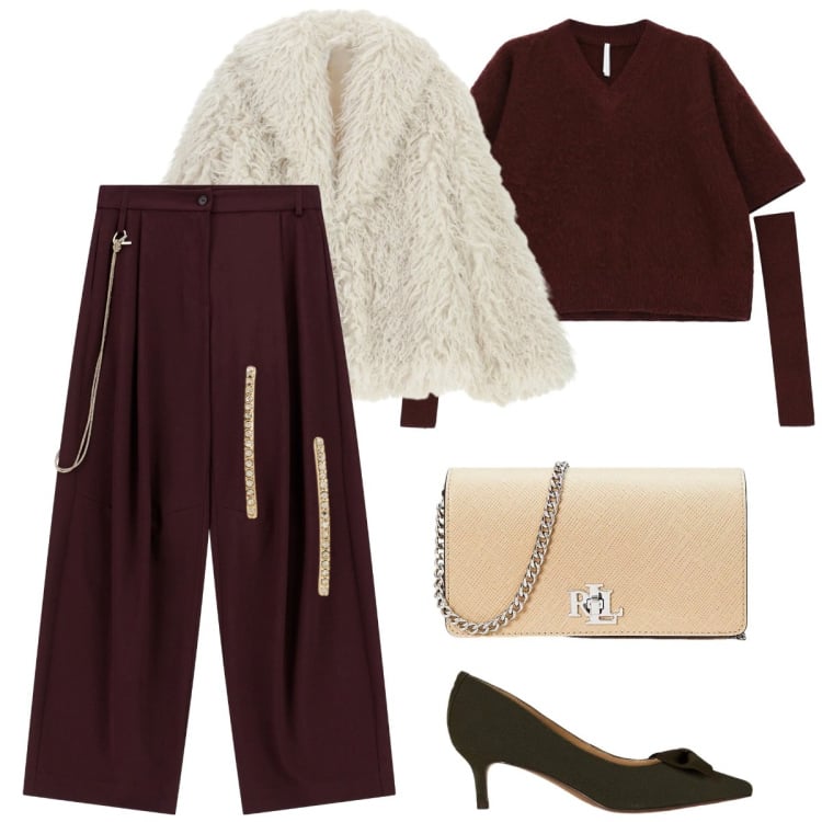Outfit donna - Imperial - Saldi FW 2025. Stile Chic per Cerimonia. Abbinamento con pantaloni a palazzo, maglieria, ecopellicce, orecchini, borse a tracolla, décolleté.