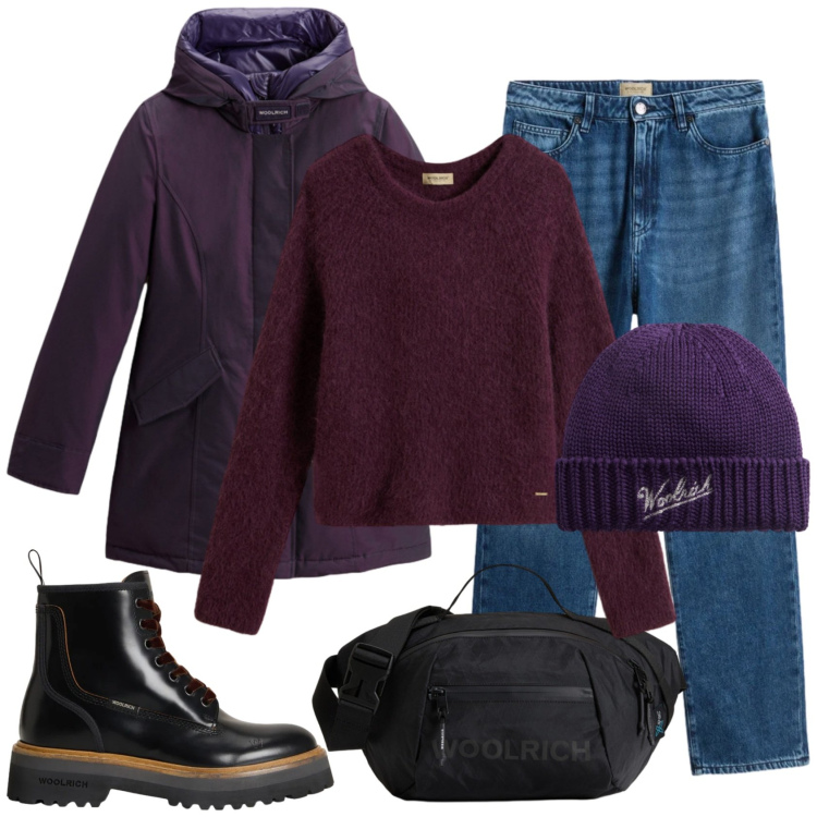 Outfit donna - Saldi woolrich. Stile Casual per Scuola/Università. Abbinamento con borse a tracolla, jeans, maglieria, parka, berretti, anfibi.
