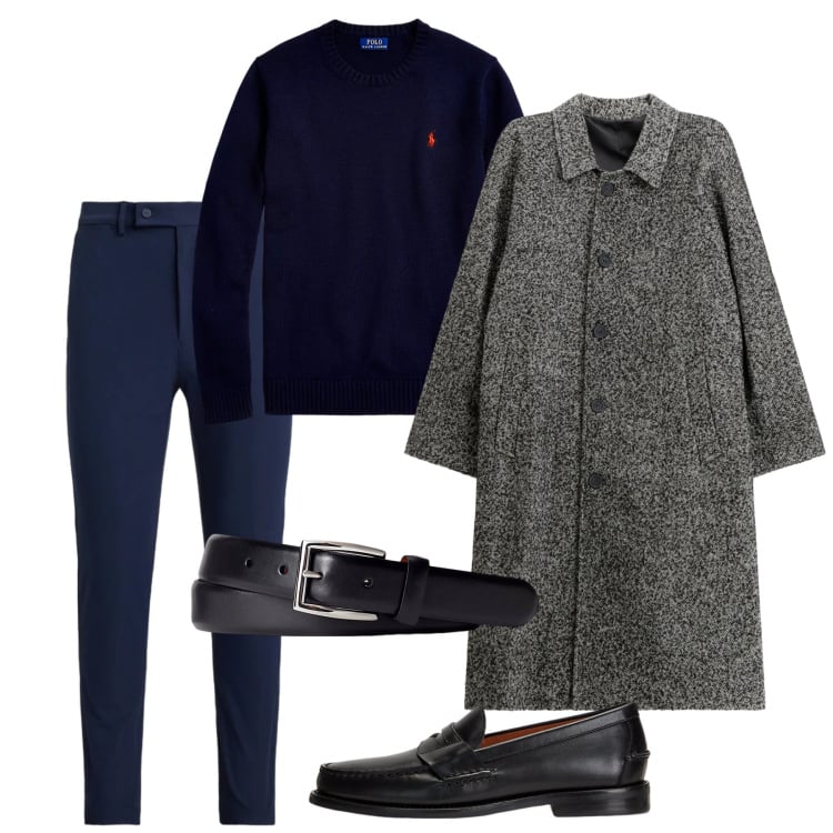 Outfit uomo - Gennaio. Stile Casual per Tutti i giorni. Abbinamento con cappotti, maglieria, scarpe stringate, cinture, pantaloni.