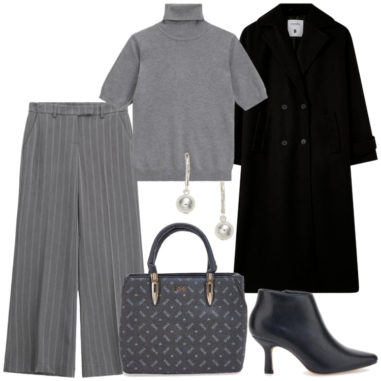 Outfit donna - Minimal Cozy Mood. Stile Minimal per Ufficio. Abbinamento con cappotti, pantaloni a palazzo, maglieria, orecchini, borse a mano, stivaletti.