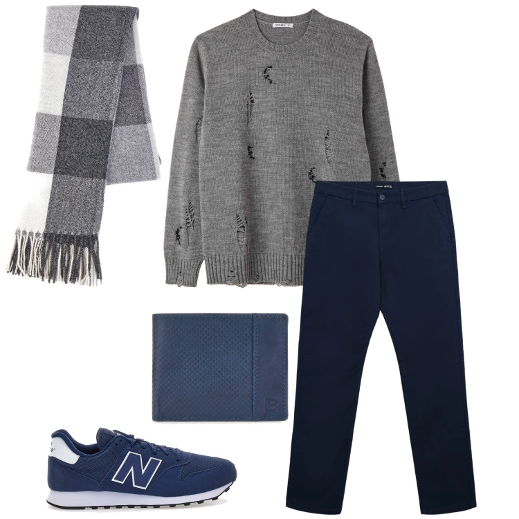 Outfit uomo - Total look #2320833. Stile Trendy per Tutti i giorni. Abbinamento con pantaloni chino, maglieria, portafogli, sciarpe, sneakers.