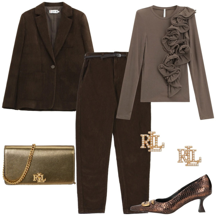 Outfit donna - Il fascino del total look. Stile Chic per Serata fuori. Abbinamento con décolleté, blazer, pantaloni chino, t-shirt, orecchini, borse a mano.